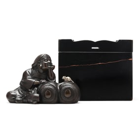 A Japanese Bronze Sculpture of Daikokuten with Box