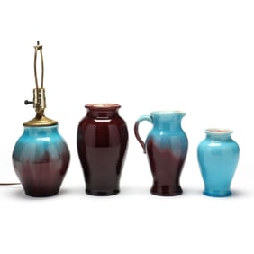 Pisgah Forest Pottery (Arden, NC), Four Turquoise and Aubergine Crackle Glaze Wares
