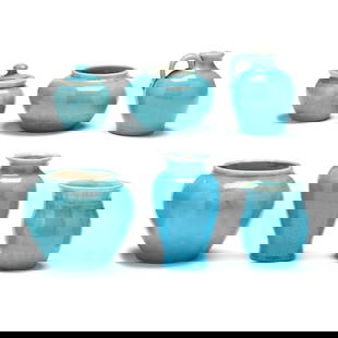 Pisgah Forest Pottery (Arden, NC), Six Pieces of Turquoise Crackle Glaze Pottery: Pisgah Forest Pottery (Arden, NC), Six Pieces of Turquoise Crackle Glaze Pottery(6) pieces with white or pink glazed interiors to include (2) squat vases, the larger dated 1932, the smaller dated 1938