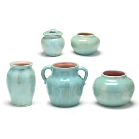 Pisgah Forest Pottery (Arden, NC), Five Teal Glazed Pottery Forms