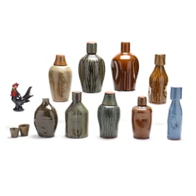 Large Group of Georgia Folk Pottery Pinch Bottles and Rooster