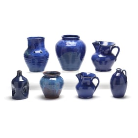 Seven Blue Monticello Pottery Vessels
