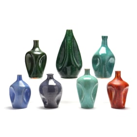 Group of Seven North Carolina Pottery Pinch Bottle Vases
