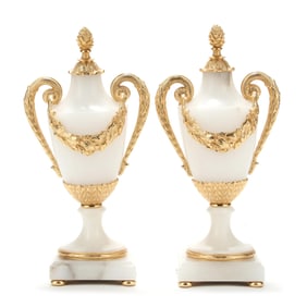 Pair of Neoclassical Style Alabaster and Gilt Metal Urns