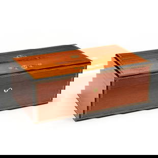 Elie Bleu, Medaille Inlaid Mahogany Cigar Humidor Box: Elie Bleu, Medaille Inlaid Mahogany Cigar Humidor BoxFrance, blond mahogany box with checkered parquetry edge inlay, hinged lid inlaid with burlwood cigar and golden medals, marked "FOR FINE HAVANA CI