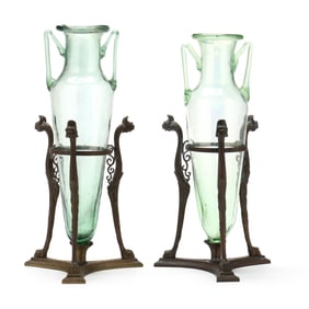 Giorgio Sommer Foundry, Pair of Grand Tour Glass Amphorae and Bronze Atheniennes