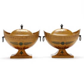 Pair of Continental Yellow and Gilt Toleware Urns