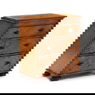 English Style Inlaid Burl Wood Miniature Chest of Drawers: English Style Inlaid Burl Wood Miniature Chest of Drawerslate 20th century, burl wood veneer with light and dark wood inlays, three drawer form with bun feet. 14 x 12.5 x 7.5 in.  Additional high-reso