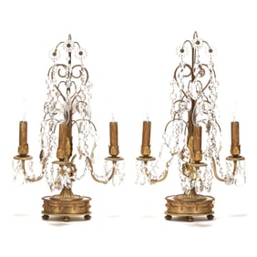 Pair of Continental Three Light Ormolu and Crystal Drop Prism Girandole