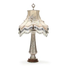 A Vintage Indo-Persian Style Nickel-Plated Lamp With Beaded Shade