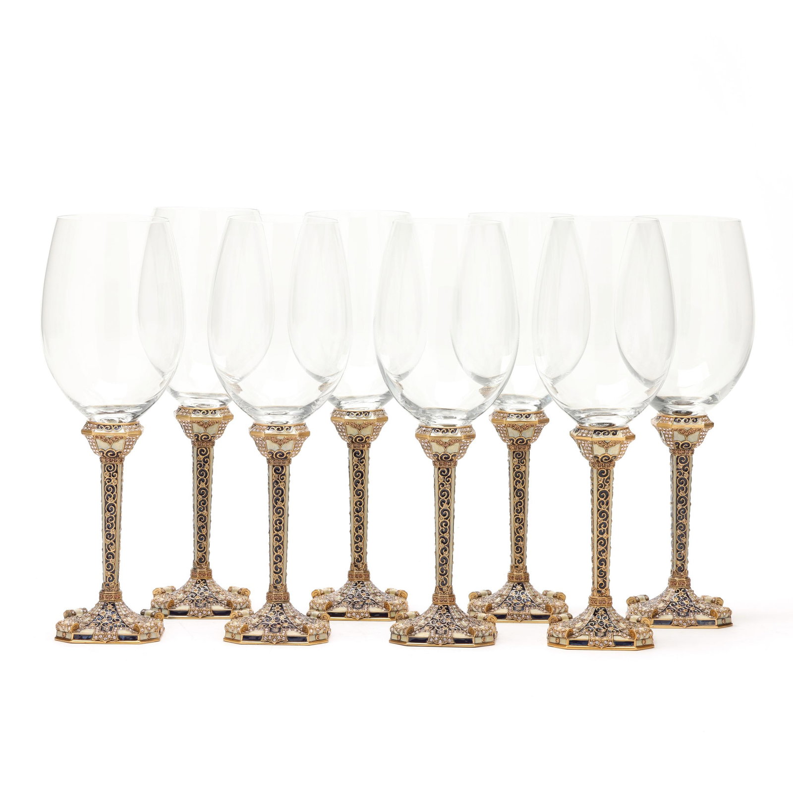 Edgar Berebi, Twelve Costa Azul Stems with Eight Glass Wine Bowls: Edgar Berebi, Twelve Costa Azul Stems with Eight Glass Wine Bowlscontemporary, to include (8) glass white wine bowls with gold plated collar to base and screw to secure to stem (bowl 5 3/4 in.); and (