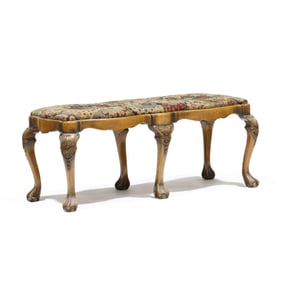 Continental Carved Fruit Wood Needlepoint Seat Bench
