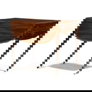 George III Inlaid Mahogany Pembroke Table: George III Inlaid Mahogany Pembroke Tablecirca 1800, mahogany, mahogany veneer with mixed wood inlays, pine secondary, D-end drop leaves with double-butterfly support, single drawer to one side and fa