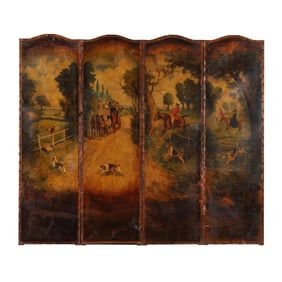 Vintage Four Panel Floor Screen with Painted Fox Hunt Scene