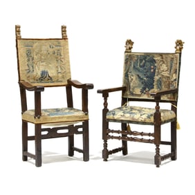 Two Elizabethan Walnut and Tapestry Armchairs