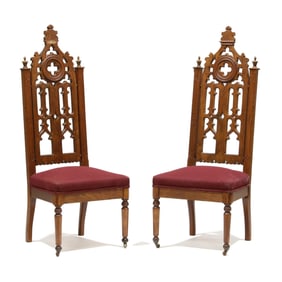 Pair of Gothic Revival Carved Walnut Hall Chairs