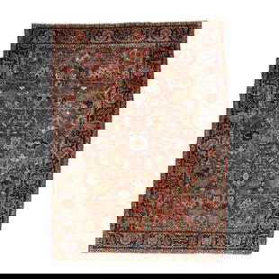 Signed Persian Carpet: Signed Persian Carpetwool on cotton foundation, the rust red field with allover floral and foliate motifs, the navy blue main border with repeating floral motifs and inscription to one end, within min