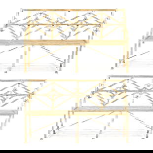 Pair of Wrought Iron Garden Benches: Pair of Wrought Iron Garden Bencheslate 20th century, white paint, reeded bar back with diamond and swirl motifs, slat seat, straight legs with penny feet and stretcher supports. 35 x 59 x 25 in. Add