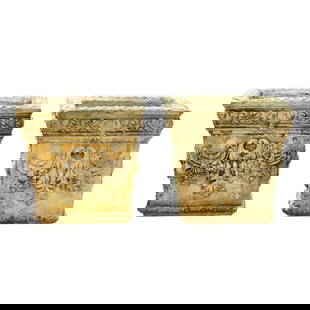 Large Pair of Classical Style Cast Stone Jardinieres: Large Pair of Classical Style Cast Stone Jardiniereslate 20th century, tapered square form with acanthus leaf rim, scrolling leaf and floral motifs to side panels and gadrooned base edge, interior wit
