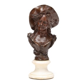 Victor Léopold Bruyneel (Belgian, b. 1859), Bronze Bust of a Belle Époque Lady in Hat