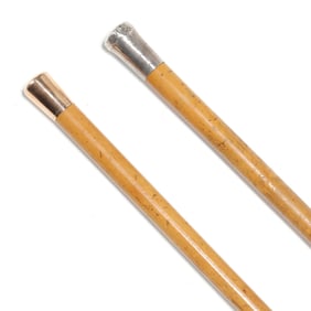 Two Antique English Malacca Walking Sticks, Sterling and Gold Handles
