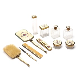 Lenk, Eleven Piece Guilloche Enamel and Glass Vanity Set