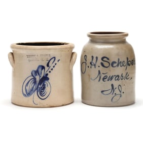 Two Antique Cobalt Decorated Salt Glazed Stoneware Vessels