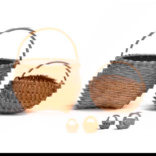 A Collection of Southern Miniature Baskets, Virginia Interest: A Collection of Southern Miniature Baskets, Virginia Interestincluding two diminutive woven splint oak baskets, circa 1900, the smaller in buttocks form with bentwood strap handle (4 x 4 x 3 1/2 in.),