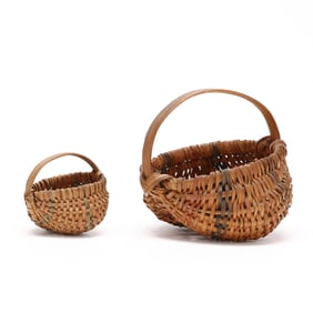 Two Miniature Dyed and Woven Baskets, Buttocks and Melon Forms
