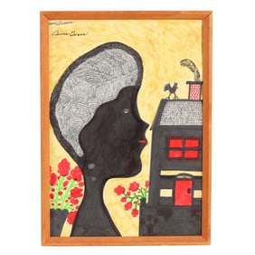 Carrie Graves (NC, 1922-2016), Woman in Profile with House and Rooster