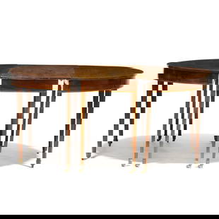 Federal Inlaid Mahogany Three Part Banquet Table: Federal Inlaid Mahogany Three Part Banquet Tablecirca 1790, mahogany veneer, white pine secondary, including a rectangular center table and two D-ends with line inlay, plain skirt with banded inlay, s