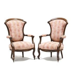 Pair of American Rococo Revival Carved Walnut Armchairs in Scalamandre Upholstery