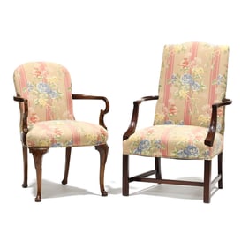 Two Hickory White Upholstered Library Chairs