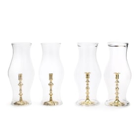 Two Pairs of Brass Candlestick Holders and a Two Pairs of Glass Hurricane Shades