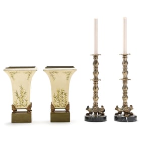 Pair of Empire Style Brass Candlestick Lamps and Toleware Cachepots