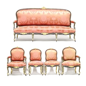 Louis XV Style Five Piece Ebonized and Gilt Parlour Suite