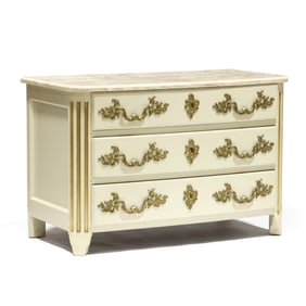 E.J. Victor, Louis XVI Style Marble Top Painted Commode