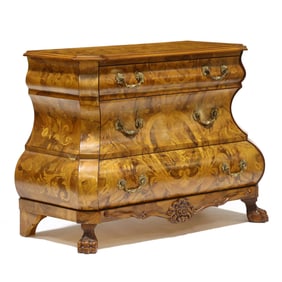 Italianate Marquetry Inlaid Burl Wood Bombe Commode