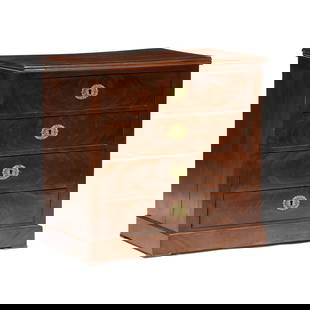 Louis Philippe Mahogany Diminutive Commode: Louis Philippe Mahogany Diminutive Commodemid 19th century, mahogany veneer, oak secondary, top with book-matched veneers, four flush drawers, flush sides, raised base trim with short trim feet, with