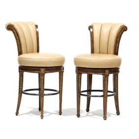 Attributed Marge Carson, Pair of Louis XV Style Leather Barstools