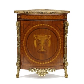 Maitland Smith, Marble Top and Ormolu Mounted Marquetry Inlaid Corner Cabinet