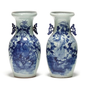 A Pair of Chinese Porcelain Blue and White Vases with Bird Motifs