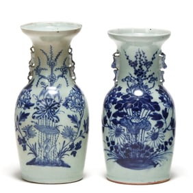 A Pair of Chinese Porcelain Blue and White Vases with Bird Motifs