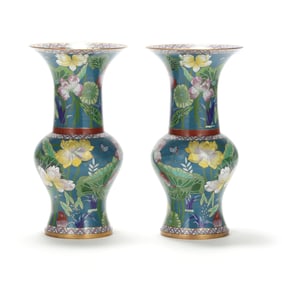 A Pair of Large Chinese Cloisonné Lotus Vases