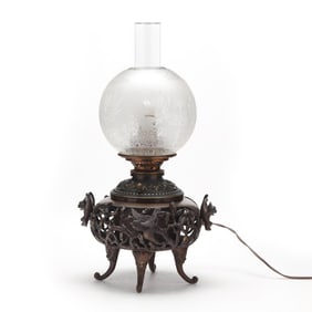 A Japanese Bronze Koro Fitted as Oil Lamp with Glass Shade