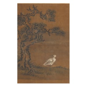 A Chinese Painting of a Crane and Pine on Silk