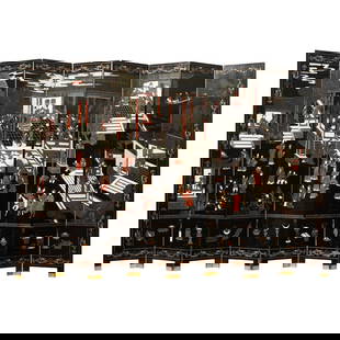 Large Chinese Coromandel Eight Panel Floor Screen: Large Chinese Coromandel Eight Panel Floor Screenfirst half 20th century, black lacquered field featuring figures in a courtyard, brass capped feet, verso with floral decoration. 83.75 x 128 in., each