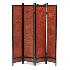 Chinese Four Panel Cinnabar Floor Screen
