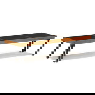 Danish Modern Coffee Table: Danish Modern Coffee Tablecirca 1960, teak frame with three black laminated surfaces, triangular shaped black painted legs, unmarked. 13.5 x 19 x 56 in.  Additional high-resolution photos are availabl