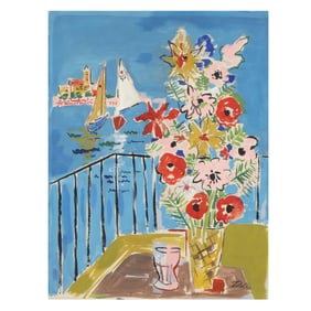 French School (Mid 20th Century), Still Life with Flowers and Sailboats